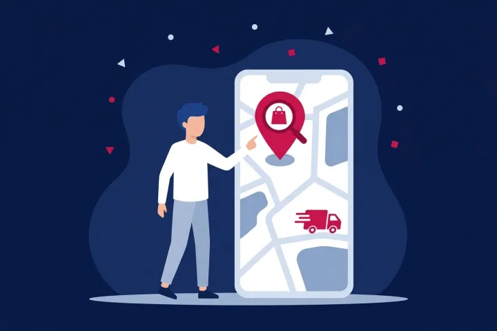 Hombre señalando un mapa en un teléfono móvil con iconos de tienda y camión de reparto