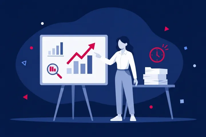 Mujer presentando métricas y gráficos de crecimiento financiero en una pizarra