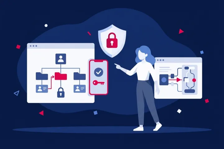Mujer gestionando diagramas de autenticación multifactor, seguridad y control de acceso IAM.