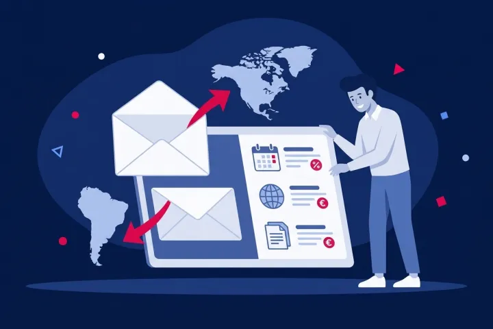 Hombre configurando la localización internacional y envíos en una pantalla digital