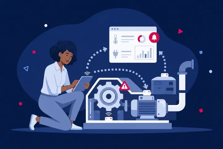 Técnica monitoreando una máquina industrial con sensores IoT conectados a una tableta