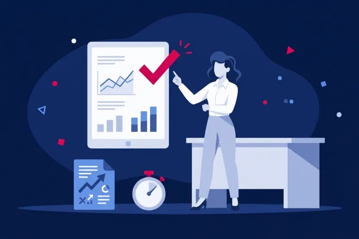 Profesional analizando indicadores y métricas de desempeño en una pantalla digital.