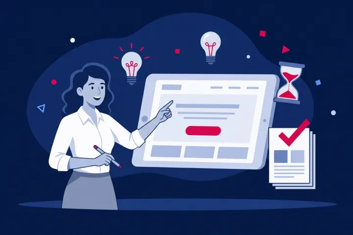 Mujer señalando una landing page en pantalla junto a bombillas de ideas y reloj de arena