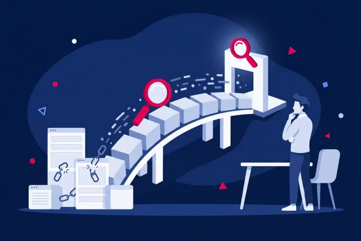 Persona observando un puente de migración de datos web con enlaces rotos y lupas de análisis.