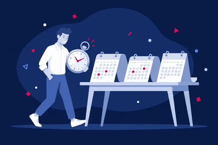 Hombre con un reloj en la mano caminando junto a varios calendarios sobre una mesa.