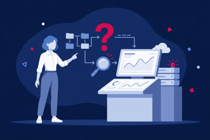 Mujer analizando datos y gráficos de monitorización en una consola junto a servidores