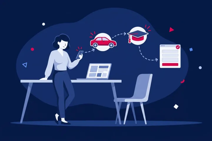 Mujer usando su teléfono móvil junto a iconos de coche, birrete y formulario web