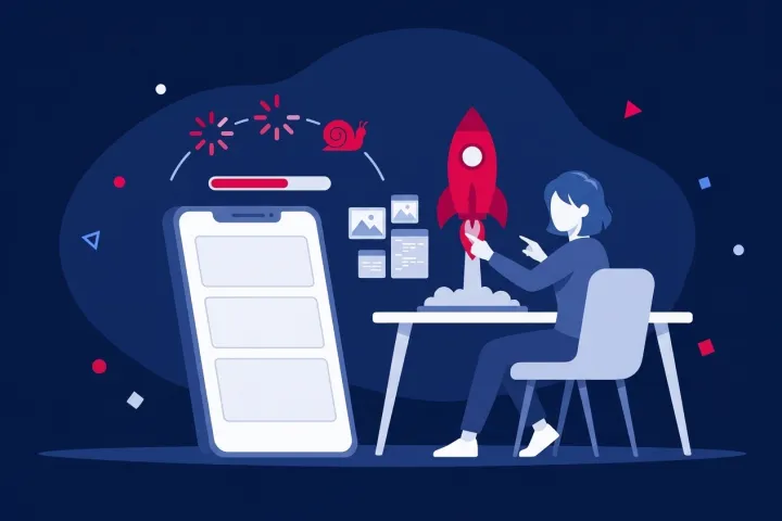 Mujer optimizando la velocidad web en un móvil junto a un cohete en despegue