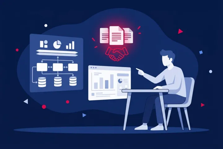 Persona consultando pantallas con datos abiertos, gráficos y documentos de transparencia.