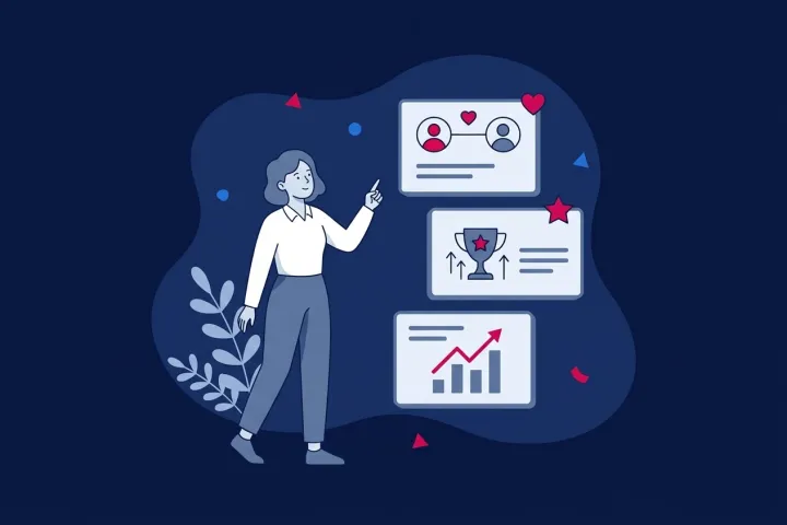 Una mujer señala paneles con iconos de conexión entre usuarios, trofeo y gráfica de crecimiento.