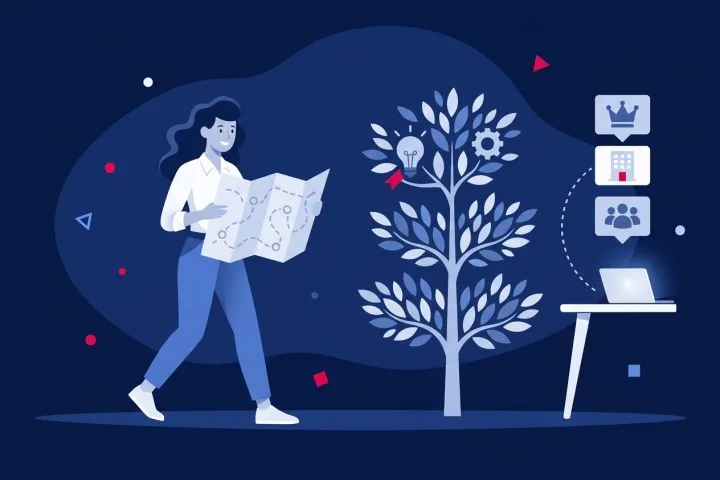 Una mujer con un mapa camina hacia un árbol de ideas y un portátil con iconos