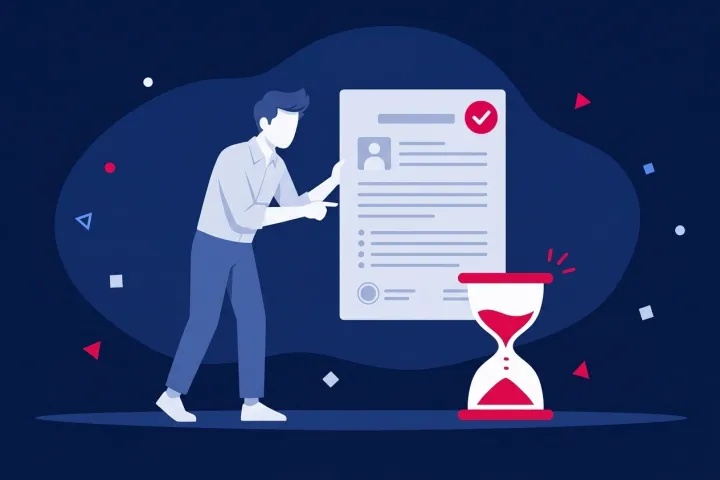 Persona examinando un documento verificado junto a un reloj de arena