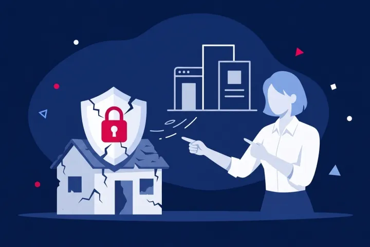 Mujer señalando una casa agrietada con un escudo roto y candado de seguridad digital