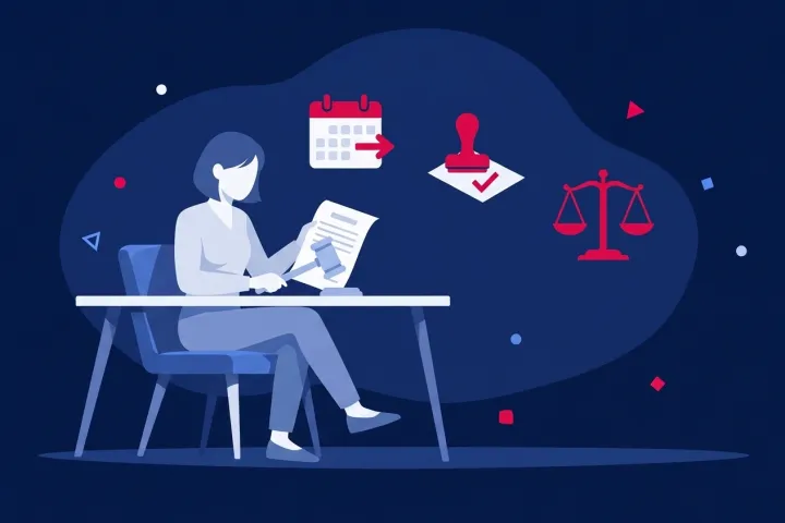 Mujer sentada ante un escritorio con un mazo de juez, un contrato y una balanza de justicia.