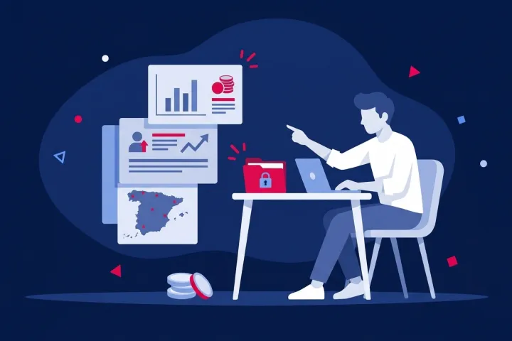 Hombre trabajando con un portátil frente a paneles de datos financieros y un mapa de España