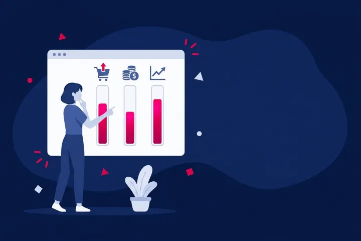 Mujer analizando métricas de ventas y gráficos de rendimiento en una pantalla digital.