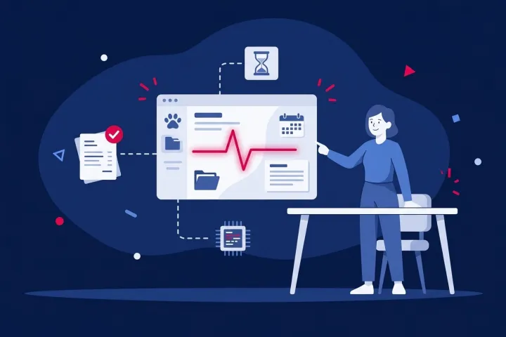 Una mujer gestiona una clínica veterinaria mediante una pantalla digital con datos y citas
