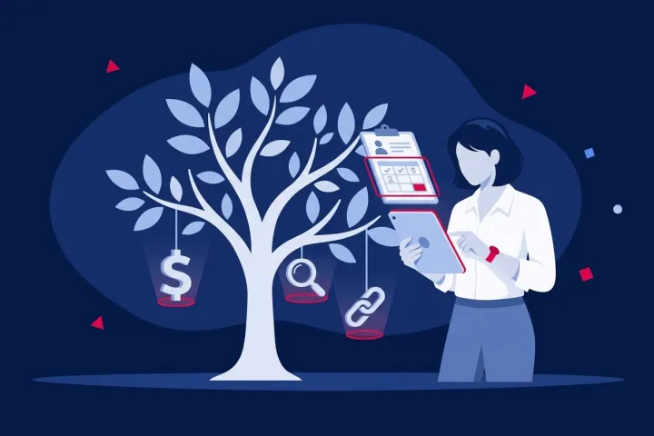 Mujer gestionando datos agrícolas en una tableta junto a un árbol con iconos de procesos.