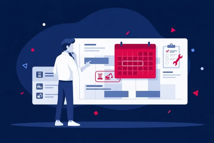 Hombre gestionando el calendario de alquiler y mantenimiento de maquinaria en una pantalla