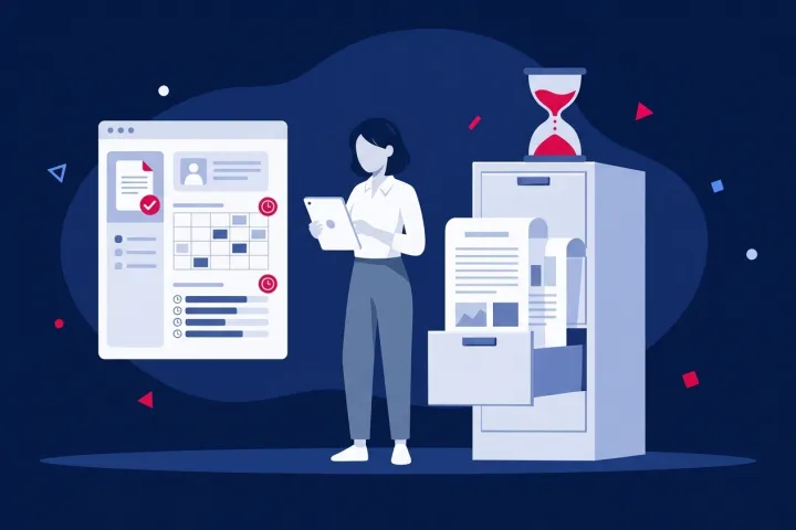 Mujer gestionando tareas y calendarios en una pantalla digital junto a un archivador
