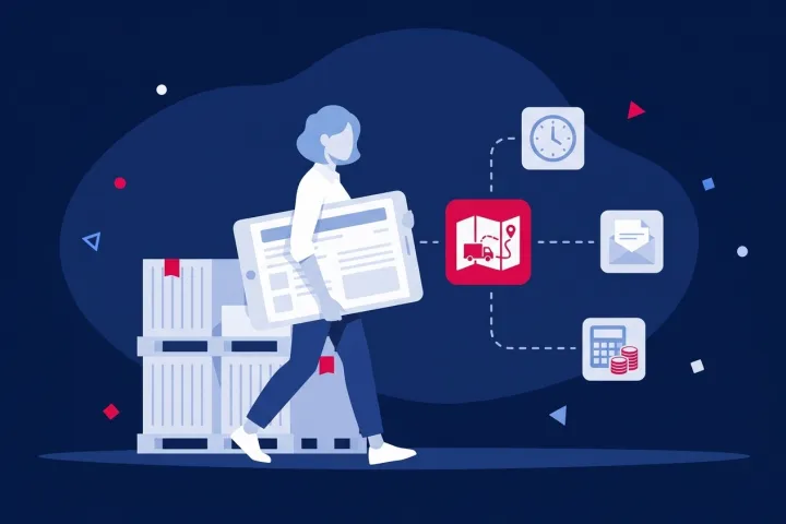 Mujer llevando una tableta digital junto a paquetes e iconos de gestión logística.