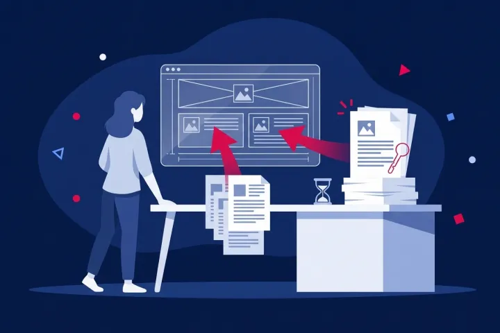 Persona organizando documentos y contenidos escritos para estructurar una página web corporativa.