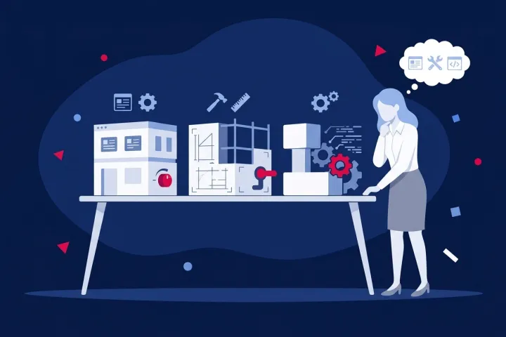 Mujer planificando el diseño y desarrollo web frente a maquetas y herramientas técnicas