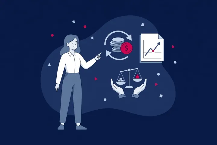 Mujer señalando iconos de monedas, gráfico de crecimiento y balanza financiera
