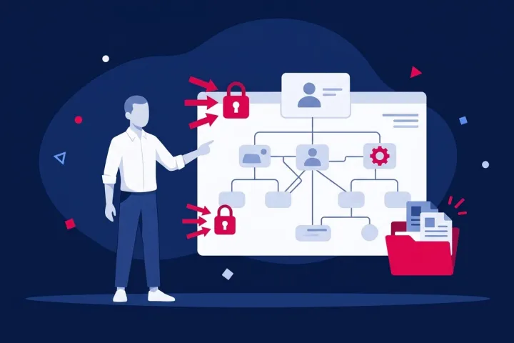 Persona señalando una arquitectura web compleja con diagramas, candados y archivos.