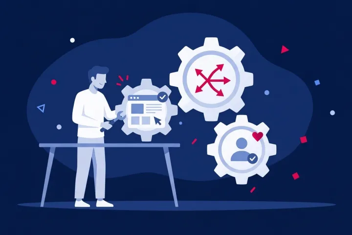 Persona con llave inglesa ajustando engranajes con iconos de web, flechas y usuario