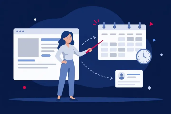 Mujer gestionando un calendario digital de visitas conectado a una página web
