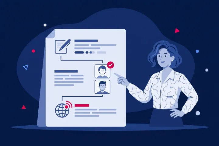 Mujer señalando un documento con el flujo de revisión y publicación de contenidos