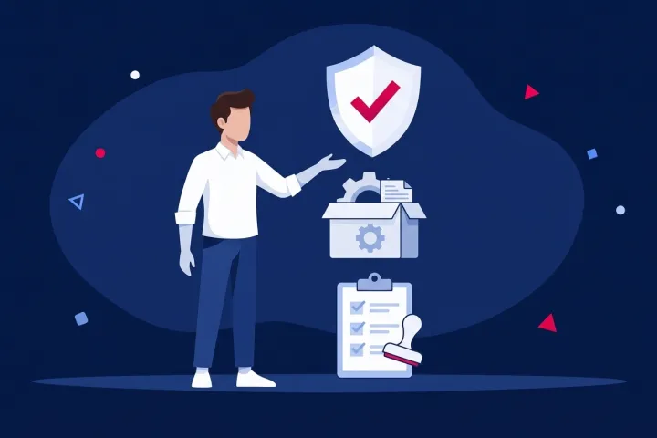 Hombre señalando un escudo de seguridad, engranajes y una lista de verificación con sello.