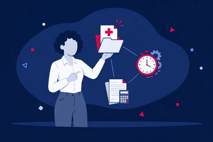 Mujer señalando iconos de gestión médica con un historial clínico, reloj y calculadora.