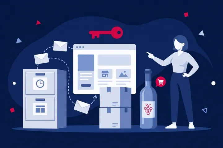 Mujer gestionando la venta de vino por internet junto a paquetes y botellas